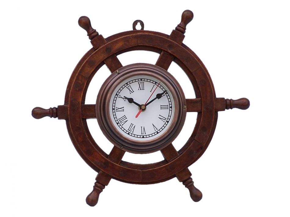 Deluxe Class Wood and Antique Copper Ship Steering Wheel Clock 12""