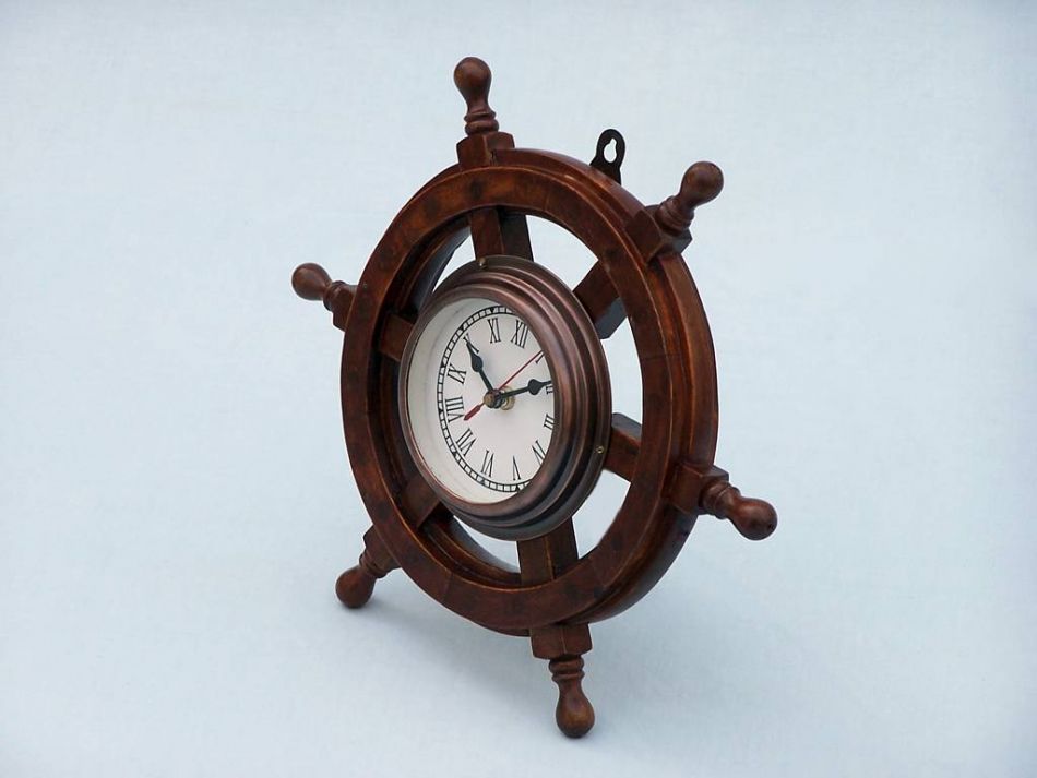 Deluxe Class Wood and Antique Copper Ship Steering Wheel Clock 12""