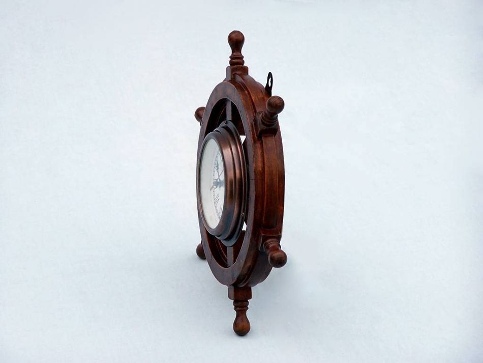 Deluxe Class Wood and Antique Copper Ship Steering Wheel Clock 12""