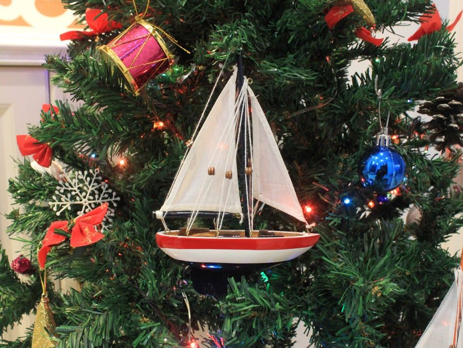 Wooden USA Sailboat Model Christmas Tree Ornament 9""