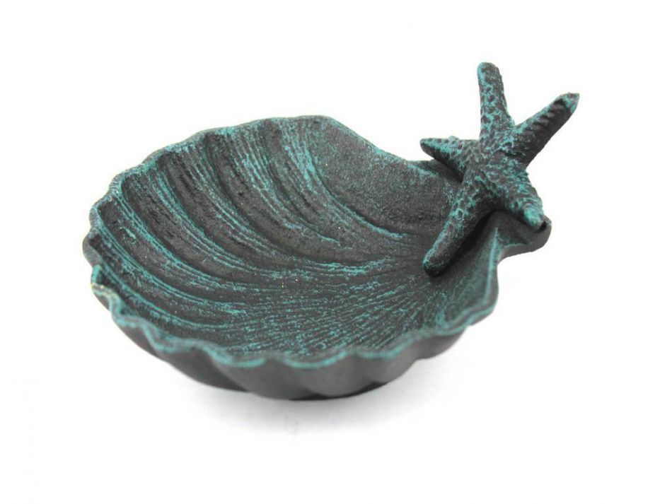 Seaworn Blue Cast Iron Shell With Starfish Decorative Bowl 6""
