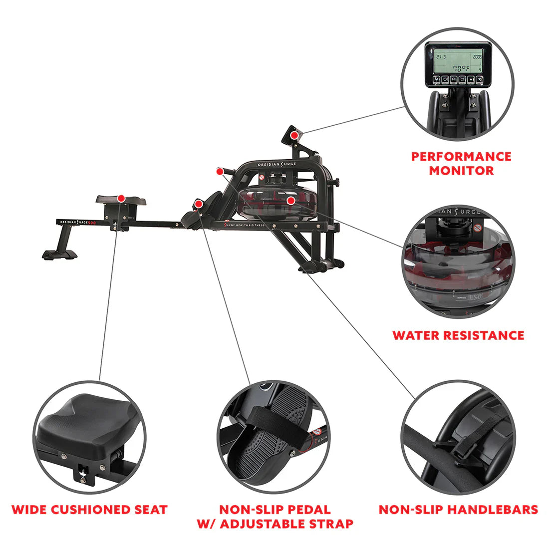 Obsidian Surge 500 m Water Rowing Machine by Sunny Health & Fitness