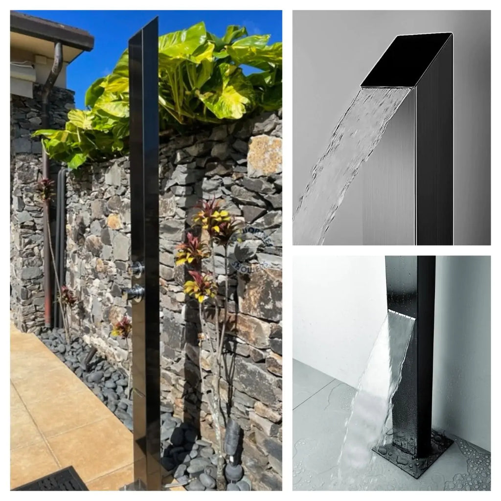 No Worries Showers Toorak Black 316L Marine Grade Stainless Steel Outdoor Pool Shower– Brushed Nickel / Silver Finish Rinse-Off Shower With Hand Shower Wand