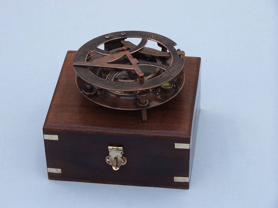 Antique Copper Round Sundial Compass with Rosewood Box 6""