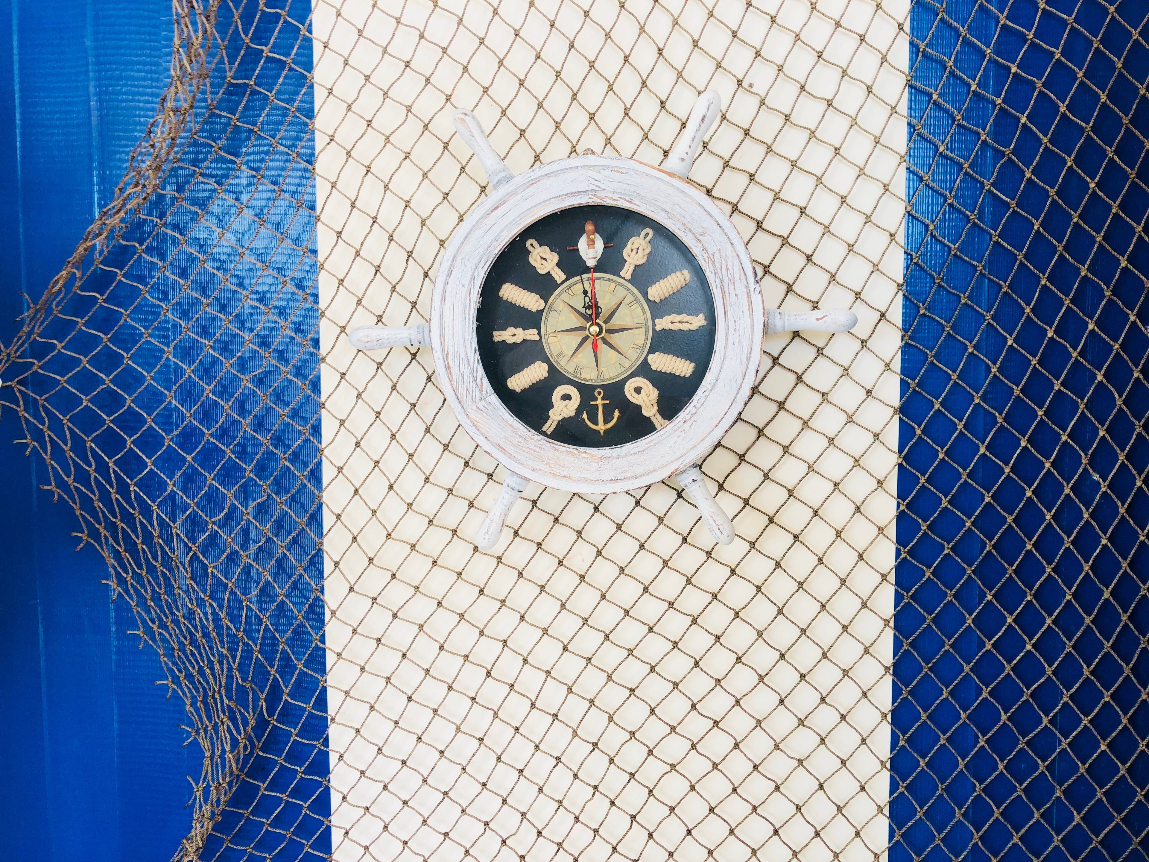Wooden Rustic White and Blue Ship Wheel Knot Faced Clock 12""