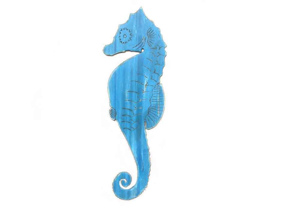 Wooden Rustic Light Blue Wall Mounted Seahorse Decoration 36""